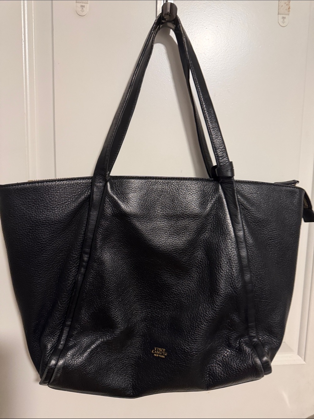 Vince Camuto Black Pebbled Leather Tote with Gold Logo